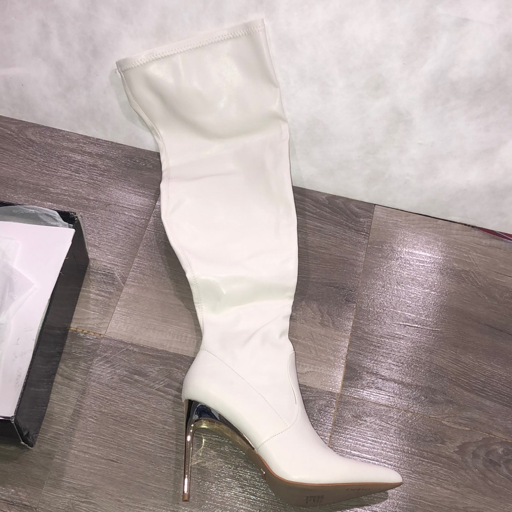 Bebe Valirya OTK Thigh High Stretch White Boots New